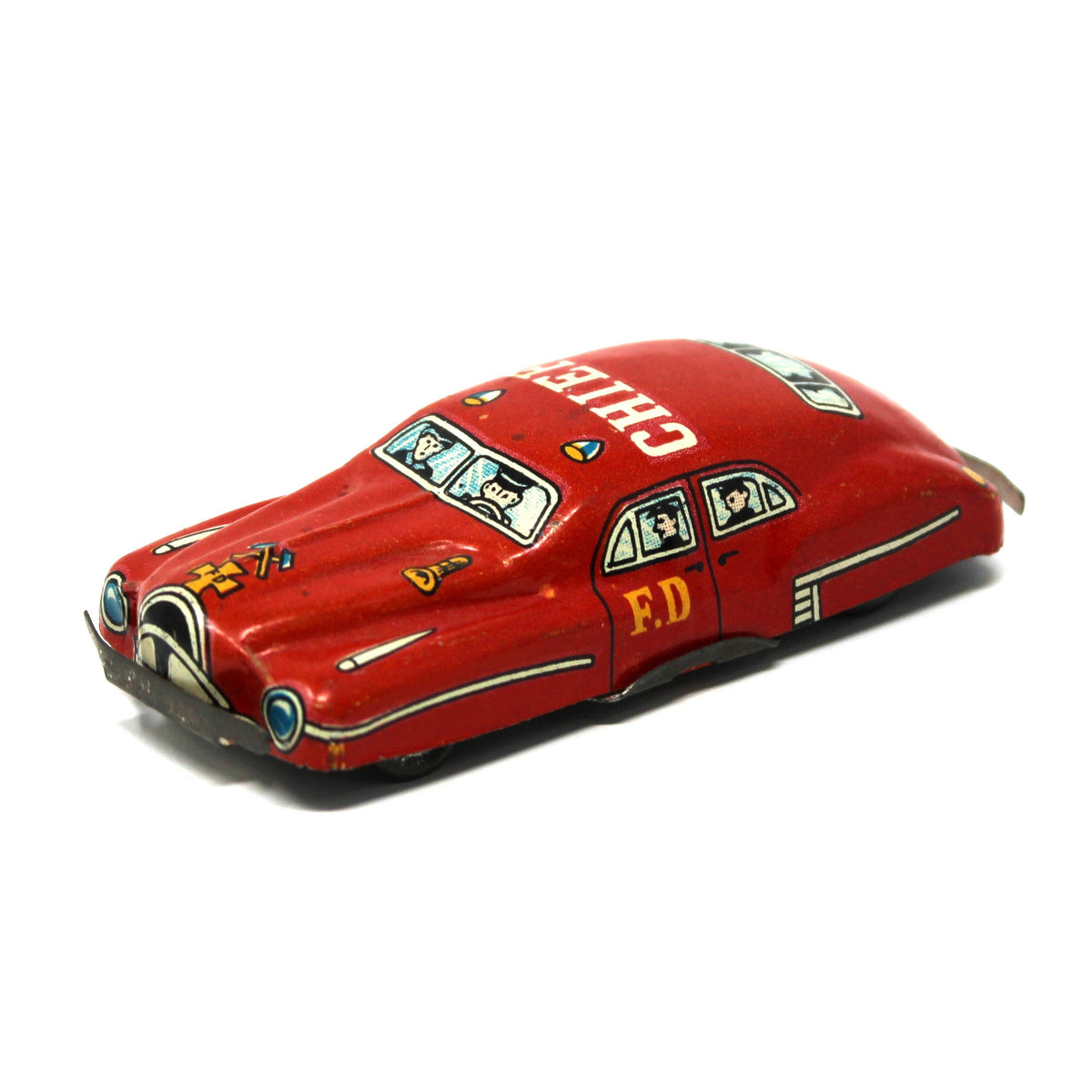 Vintage 1950s Japan Mini Tin Litho Fire Chief Toy Car, Red Fire Dept Sedan