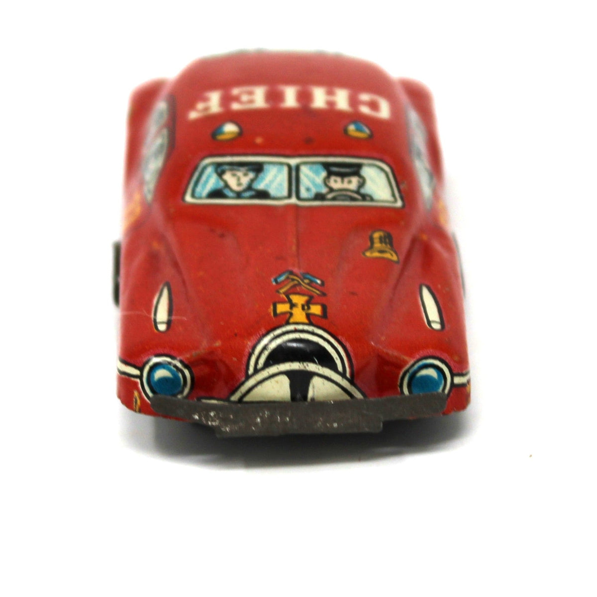 Front view of Vintage 1950s Japan Mini Tin Litho Fire Chief Toy Car, Red Fire Dept Sedan