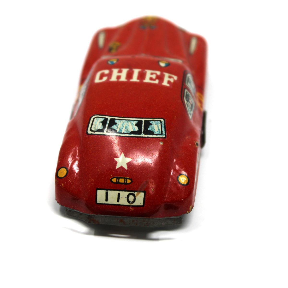 Back view of Vintage 1950s Japan Mini Tin Litho Fire Chief Toy Car, Red Fire Dept Sedan