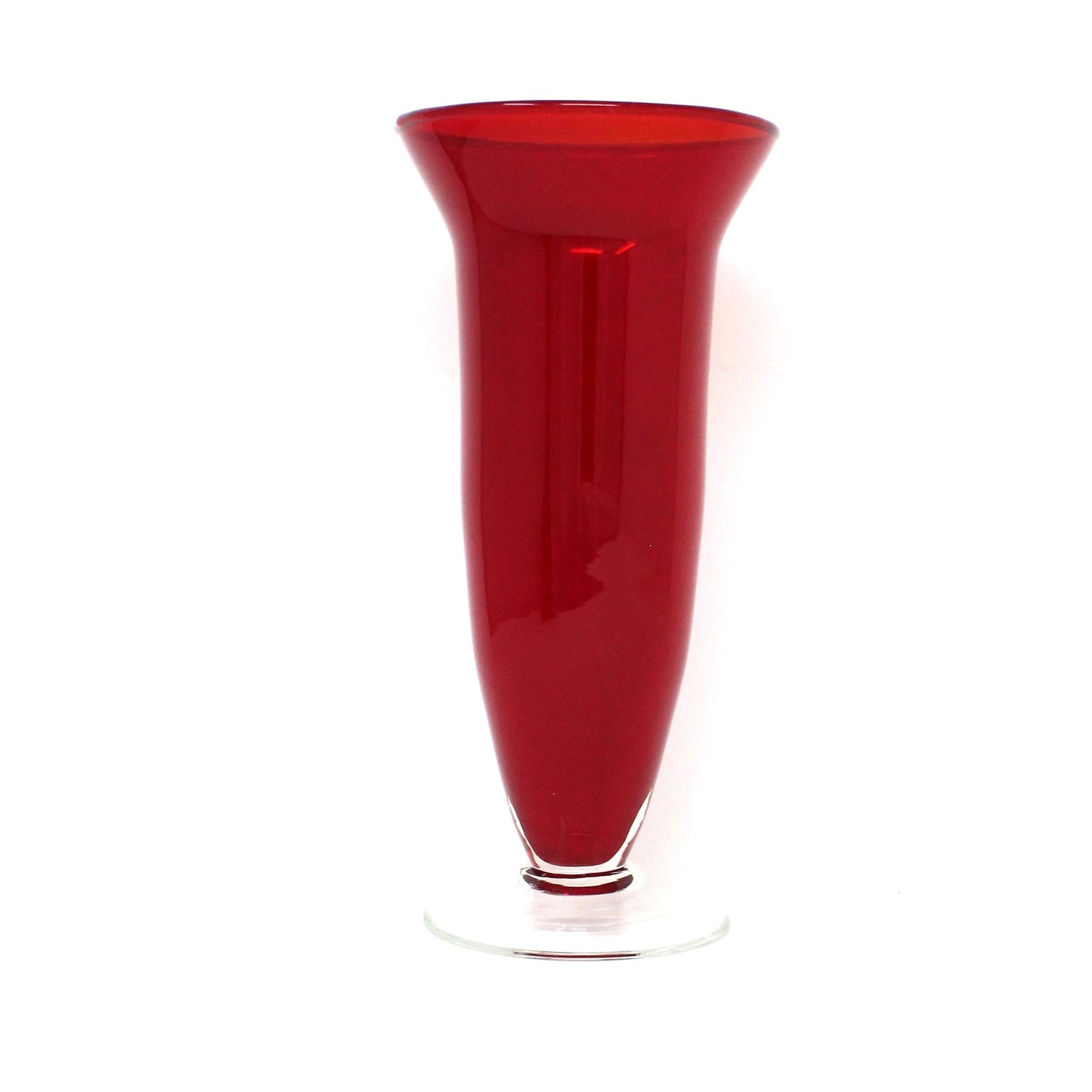 Vase, Ruby Red Floral Vase, Clear Foot, Blown Glass, Slim Body, Vintage
