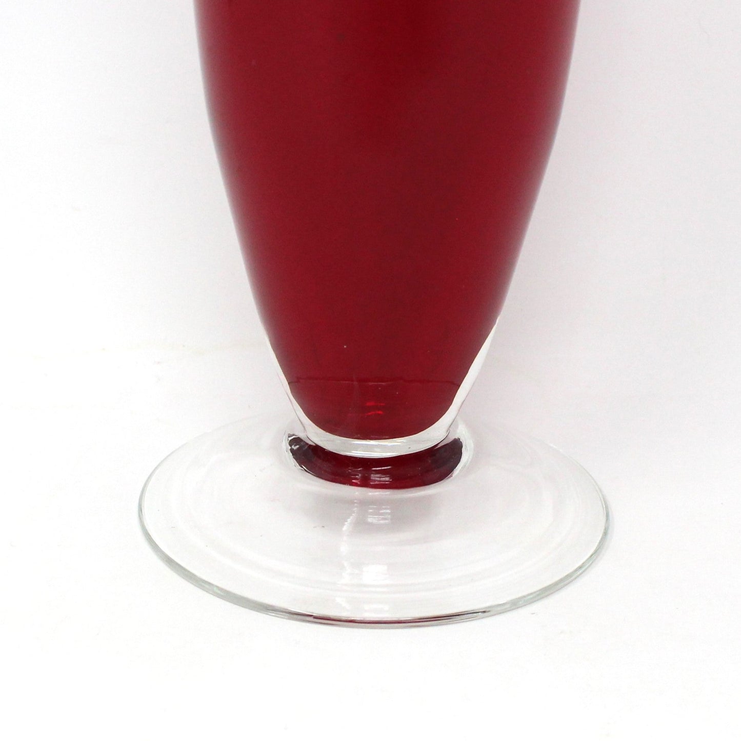 Vase, Ruby Red Floral Vase, Clear Foot, Blown Glass, Slim Body, Vintage