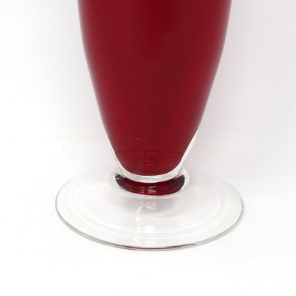 Vase, Ruby Red Floral Vase, Clear Foot, Blown Glass, Slim Body, Vintage