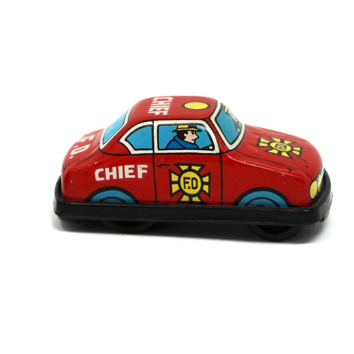 Side view of Vintage 1960s mini Japanese tin litho fire Fire Chief car. 