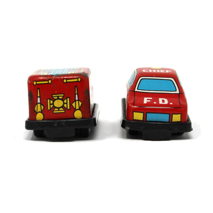 Toy Set: Mini Tin Litho Fire Engine & Fire Chief Car, Friction, Japan, Vintage 1960s