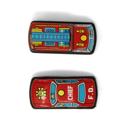 Toy Set: Mini Tin Litho Fire Engine & Fire Chief Car, Friction, Japan, Vintage 1960s