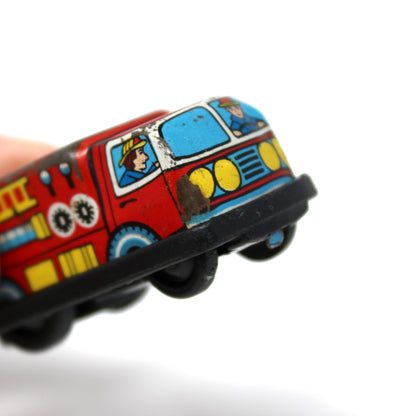 Toy Set: Mini Tin Litho Fire Engine & Fire Chief Car, Friction, Japan, Vintage 1960s