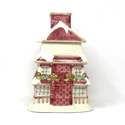 Cookie Jar, Figural House Shaped, Victorian Christmas House, Pink & White, Ceramic, Vintage