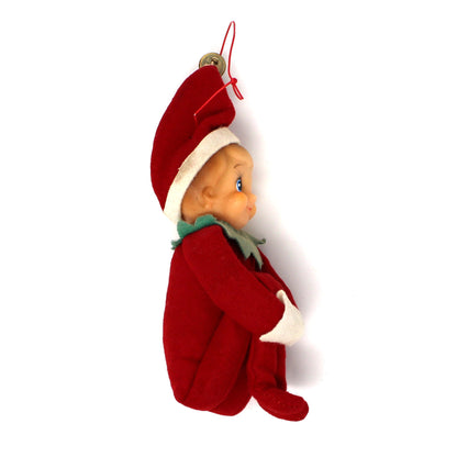 Ornament: Knee Hugger Pixie Elf, Red Felt, Japan, Vintage 1950s