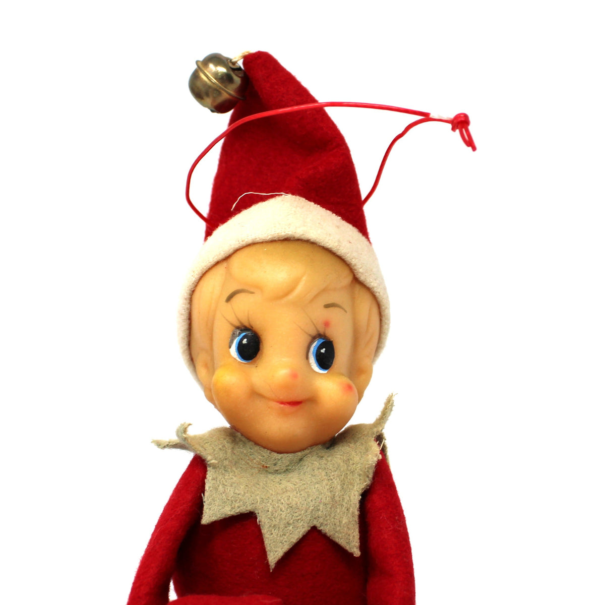 Ornament: Knee Hugger Pixie Elf, Red Felt, Japan, Vintage 1950s