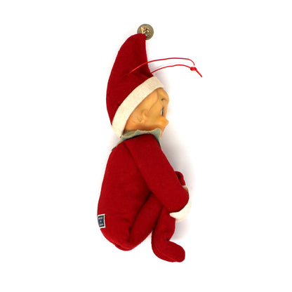 Ornament: Knee Hugger Pixie Elf, Red Felt, Japan, Vintage 1950s