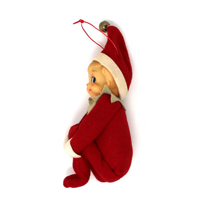 Ornament: Knee Hugger Pixie Elf, Red Felt, Japan, Vintage 1950s