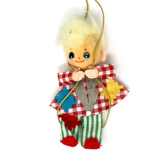 Ornaments, Rag Doll Boy, Patchwork, Felt / Cloth, Christmas Kitsch, Vintage
