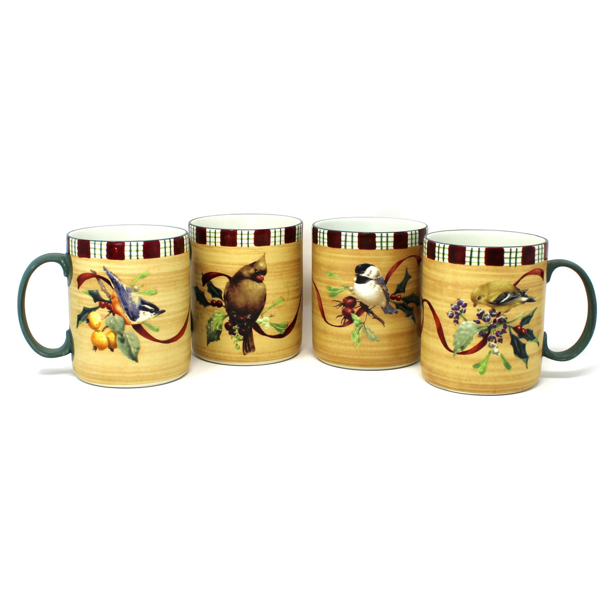 Four ceramic mugs, part of a complete Christmas dinnerware set by Lenox.  Winter Greetings Everyday with detailed bird illustrations and plaid tartan borders.