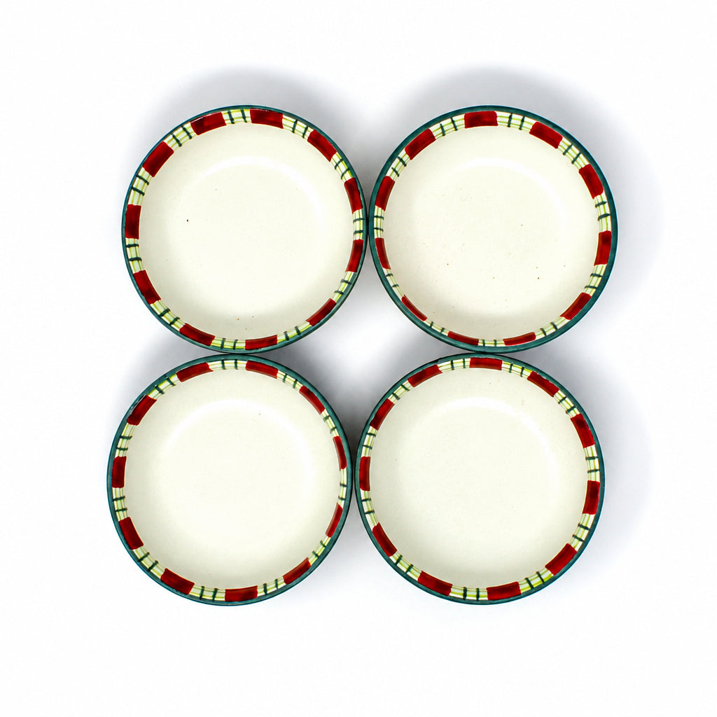 Four salt cellars and/or condiment dishes from Lenox Winter Greetings Everyday.  With green/red plaid tartan patterned edges.