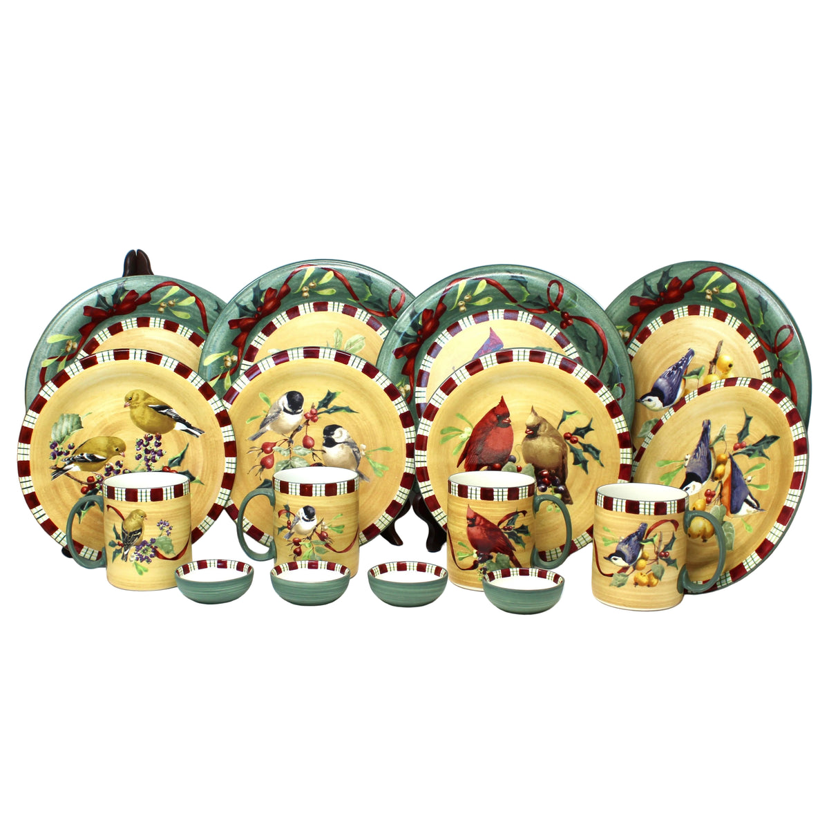 A bird-holiday themed ceramic dinnerware set.   Lenox Winter Greetings Everyday Christmas, 16-Piece Set, Service for 4, unused.