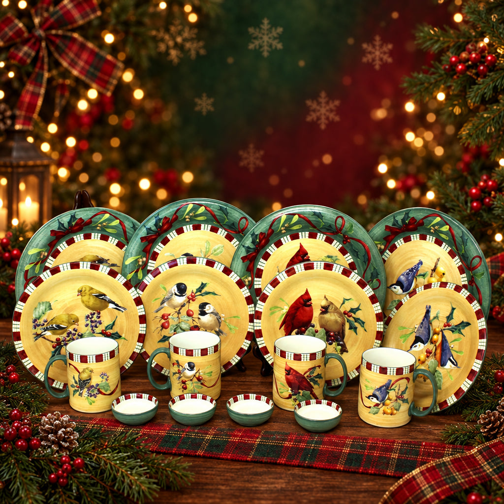 A set of Christmas dinnerware from Lenox. Winter Greetings Everyday earthenware / ceramic tableware featuring bird illustrations, including plates, cups, bowls and salt cellars.