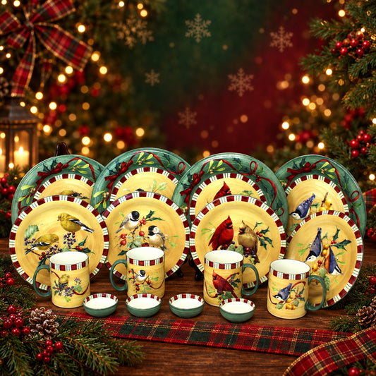 A set of Christmas dinnerware from Lenox. Winter Greetings Everyday earthenware / ceramic tableware featuring bird illustrations, including plates, cups, bowls and salt cellars.