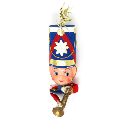 Ornaments, Toy Solider / Marching Band Trumpet Player Head, Christmas Flocked Elf, Kitsch, Vintage