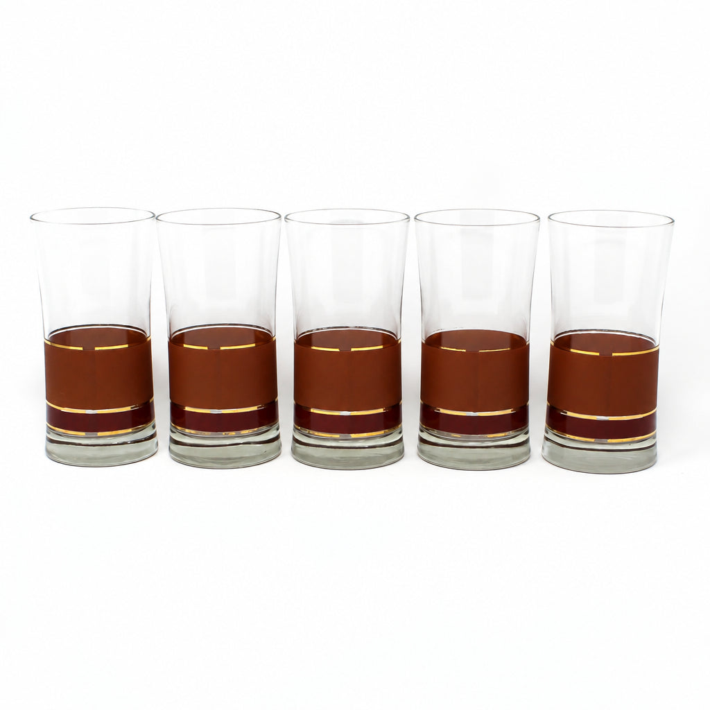 Tumblers: Libbey Brandywine Coolers, Burgundy & Tan with Gold Bands, Set of 5, USA, Vintage 1982