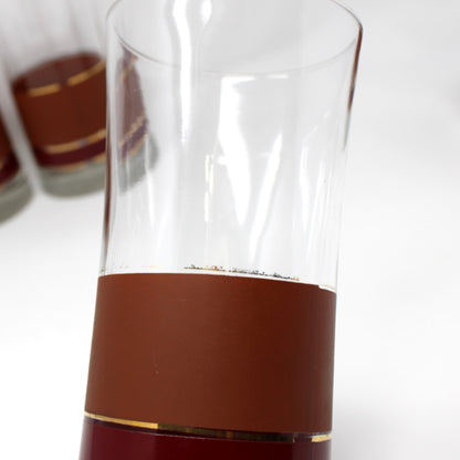 Tumblers: Libbey Brandywine Coolers, Burgundy & Tan with Gold Bands, Set of 5, USA, Vintage 1982
