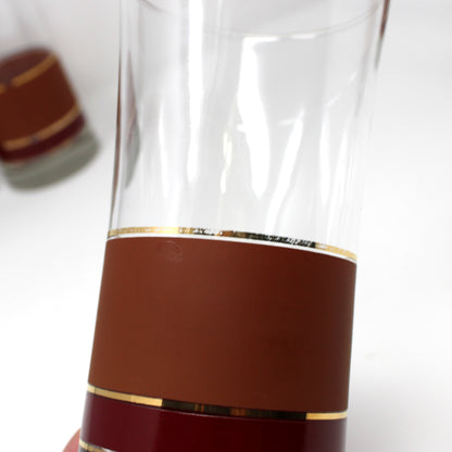 Tumblers: Libbey Brandywine Coolers, Burgundy & Tan with Gold Bands, Set of 5, USA, Vintage 1982