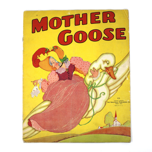 Vintage 'Mother Goose' children's linen book by Saalfield publishing with a bright yellow cover, the title in bold red letters "Mother Goose" and an illustration of a lady carrying a goose.