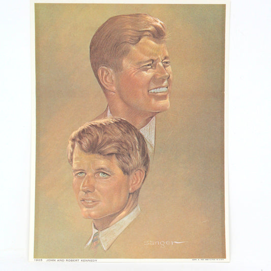 Print, Lithograph, John F. and Robert F Kennedy Portraits, Artist Signed Sanger, NOS, Vintage, 1968