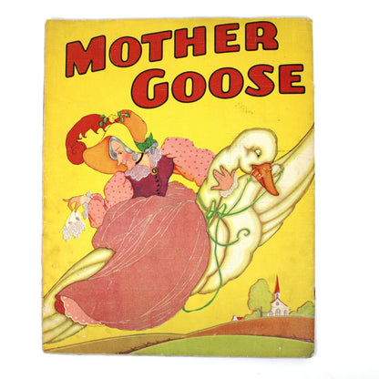 back cover of Vintage children's linen book titled 'Mother Goose' with a yellow cover, red title text, and an illustration of an old woman carrying a goose.