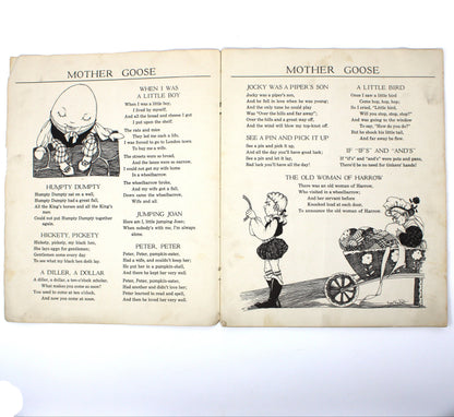 An open vintage book showing printed pages titled 'MOTHER GOOSE' with black illustrations and text on aged cream paper.  Saalfield linen children's book.