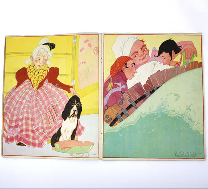A vintage open children's linen book by Saalfield Publishing titled Mother Goose. The left panel shows an elderly woman in a pink and red checkered dress feeding a black-and-white dog.