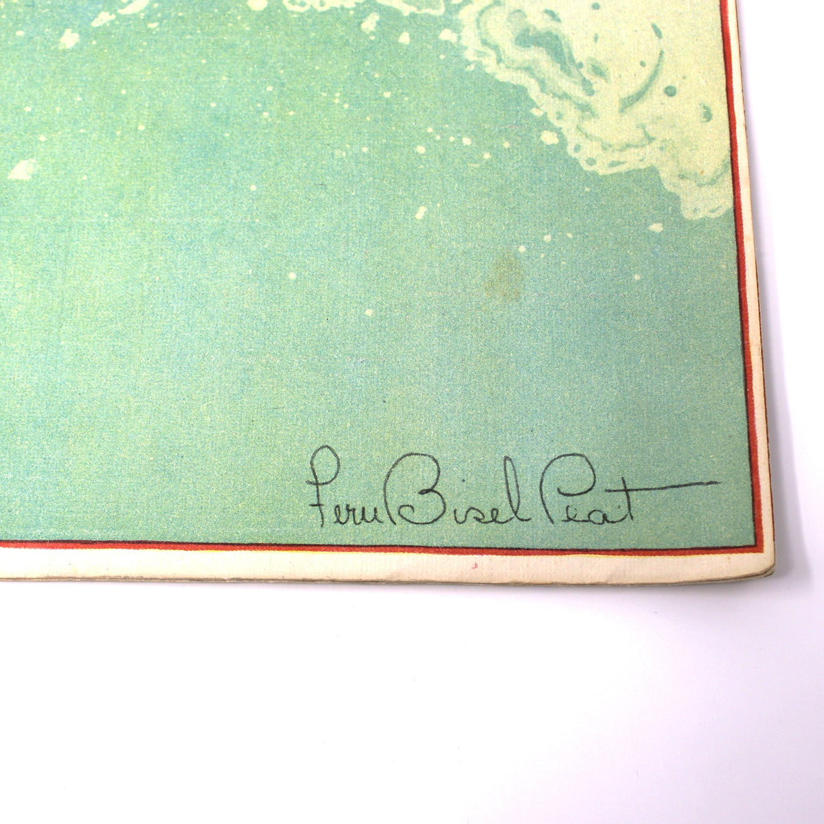 A close-up corner of a vintage illustrated children's book with the illustrator signature: Fern Bisel Peat.  