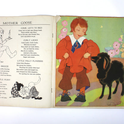 An open vintage children's book spread showing a poem titled 'Mother Goose' on the left page and an illustration on the right page of a child in a red coat standing next to a black sheep.