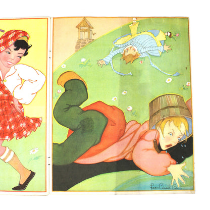 Vintage illustrated linen book titled Mother Goose.  featuring two colorful illustrations by Fern Bisel Peat. 