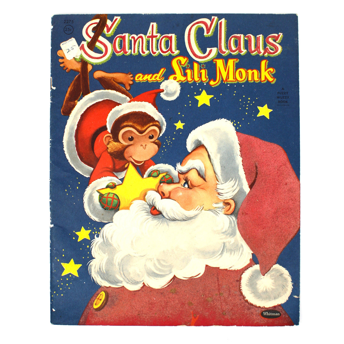 A vintage Christmas illustrated children's book cover titled "Santa Claus and Lili Monk" showing Santa Claus and a monkey on a dark blue background with yellow stars.