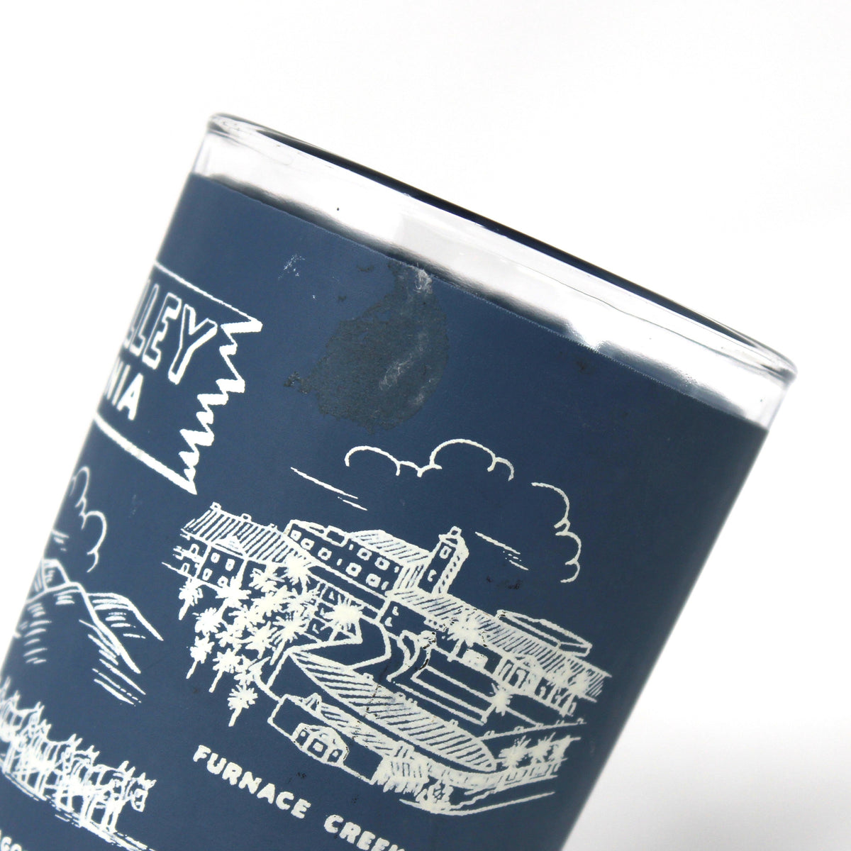 Tumbler: Hazel Atlas, Souvenir Death Valley California, Blue & White Glass, Vintage 1950s