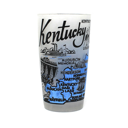 Tumbler: State Map Souvenir Glass, Kentucky, Blue and Frosted, Vintage 1960s