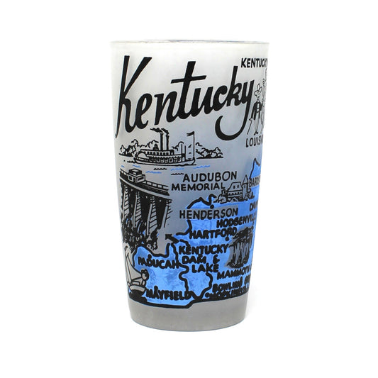 Tumbler: State Map Souvenir Glass, Kentucky, Blue and Frosted, Vintage 1960s