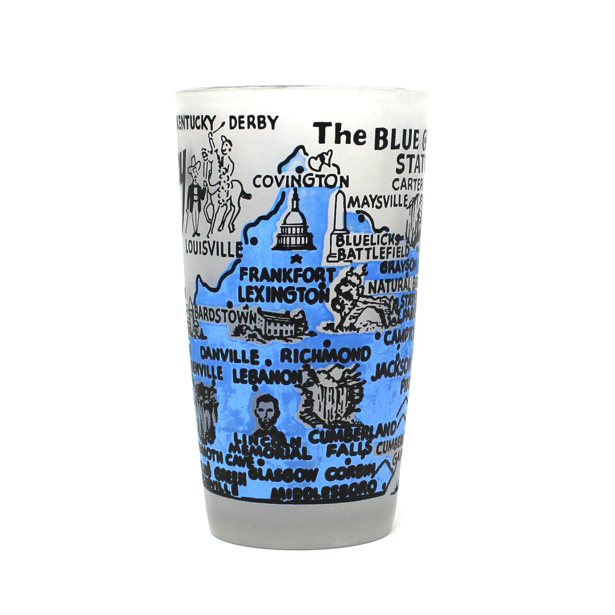 Tumbler: State Map Souvenir Glass, Kentucky, Blue and Frosted, Vintage 1960s