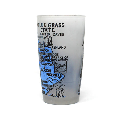 Tumbler: State Map Souvenir Glass, Kentucky, Blue and Frosted, Vintage 1960s