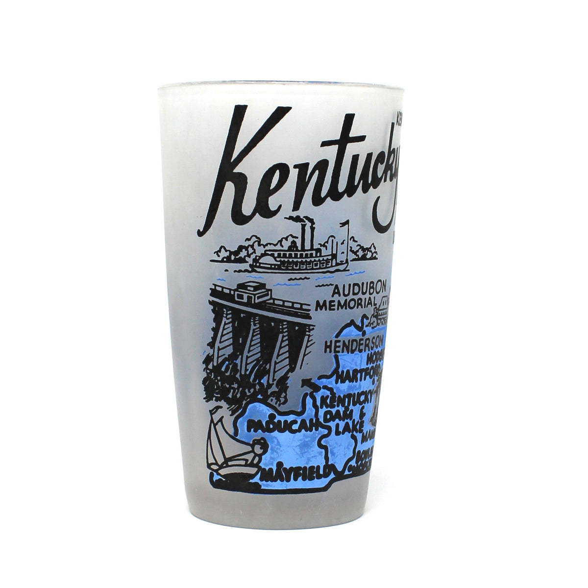 Tumbler: State Map Souvenir Glass, Kentucky, Blue and Frosted, Vintage 1960s