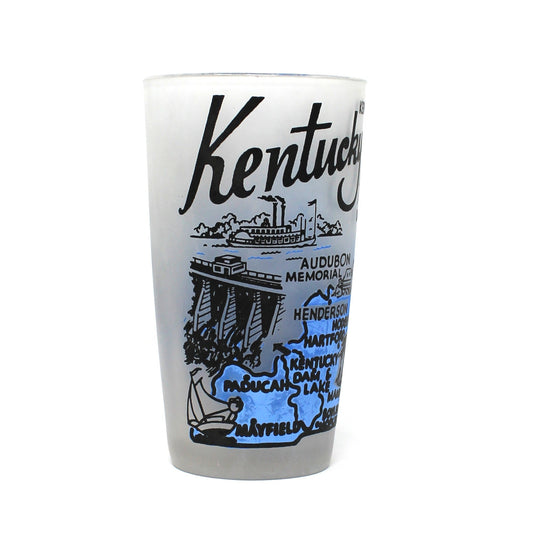 Tumbler: State Map Souvenir Glass, Kentucky, Blue and Frosted, Vintage 1960s