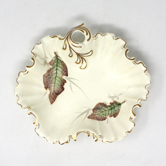 Bon Bon / Candy Dish with Handle, NIKONIKO, Leaf Shaped Dish, Hand Painted Fall Leaves, Fluted Border, Vintage