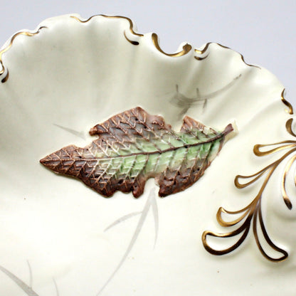 Bon Bon / Candy Dish with Handle, NIKONIKO, Leaf Shaped Dish, Hand Painted Fall Leaves, Fluted Border, Vintage
