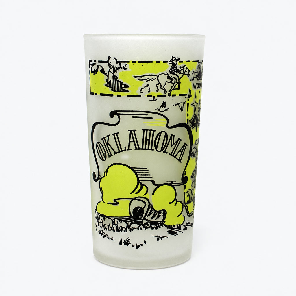 Tumbler: Hazel Atlas, State Map Souvenir Glass, Oklahoma, Gay Fad, Vintage 1950s