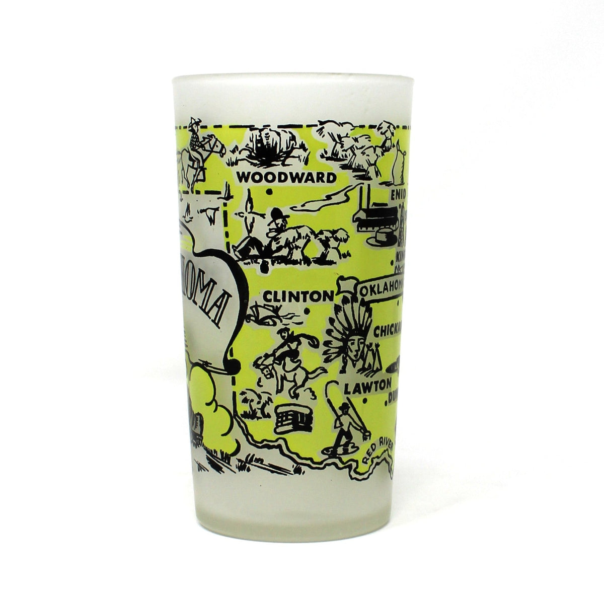Tumbler: Hazel Atlas, State Map Souvenir Glass, Oklahoma, Gay Fad, Vintage 1950s