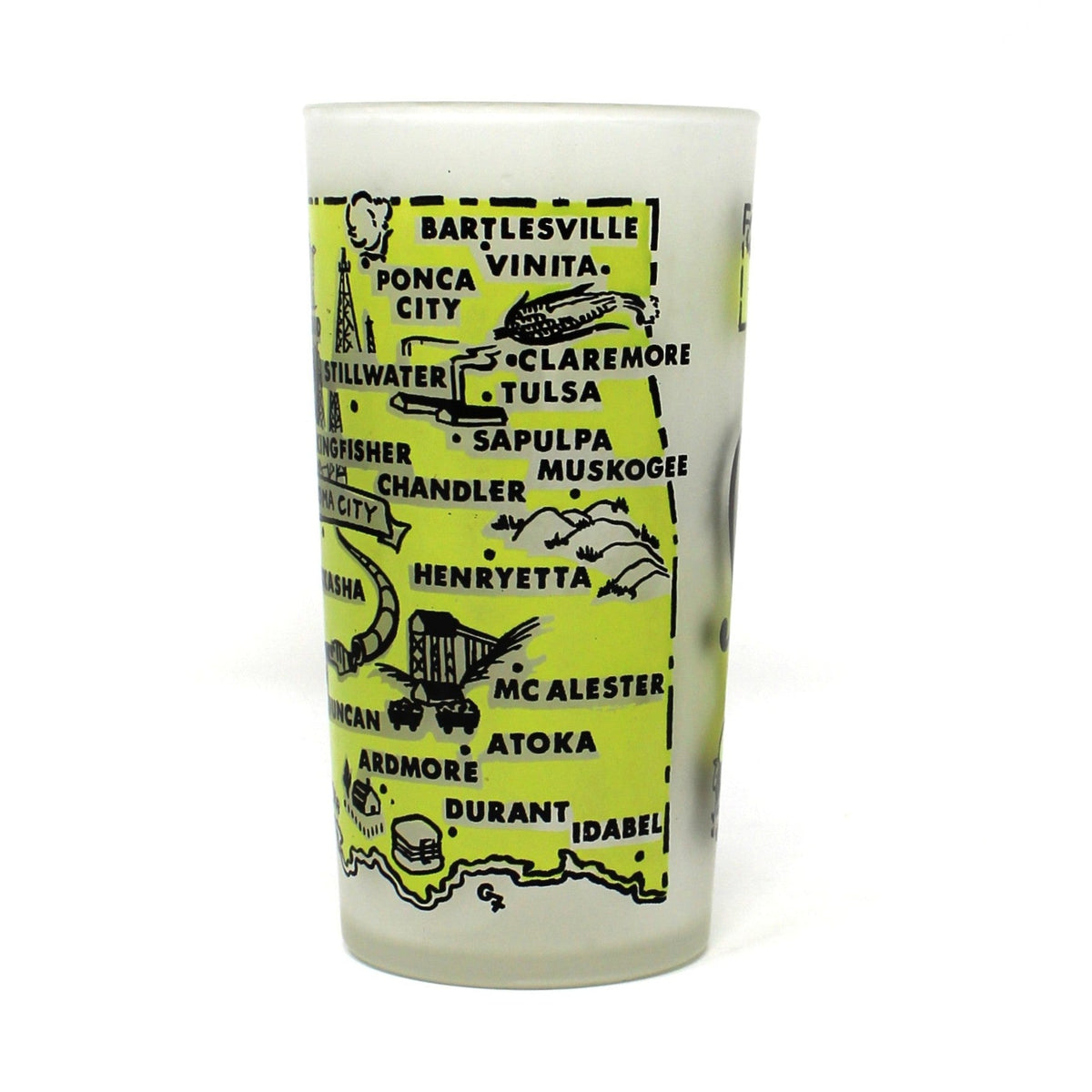 Tumbler: Hazel Atlas, State Map Souvenir Glass, Oklahoma, Gay Fad, Vintage 1950s