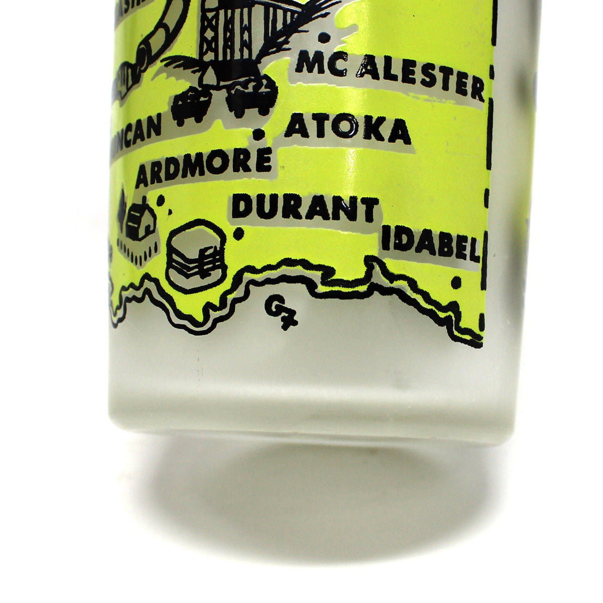 Tumbler: Hazel Atlas, State Map Souvenir Glass, Oklahoma, Gay Fad, Vintage 1950s