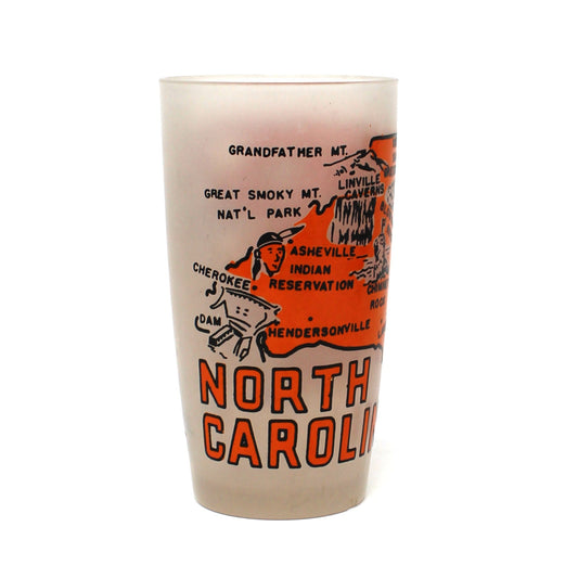 Tumbler: State Map Souvenir Glass, North Carolina, Frosted, Vintage 1960s