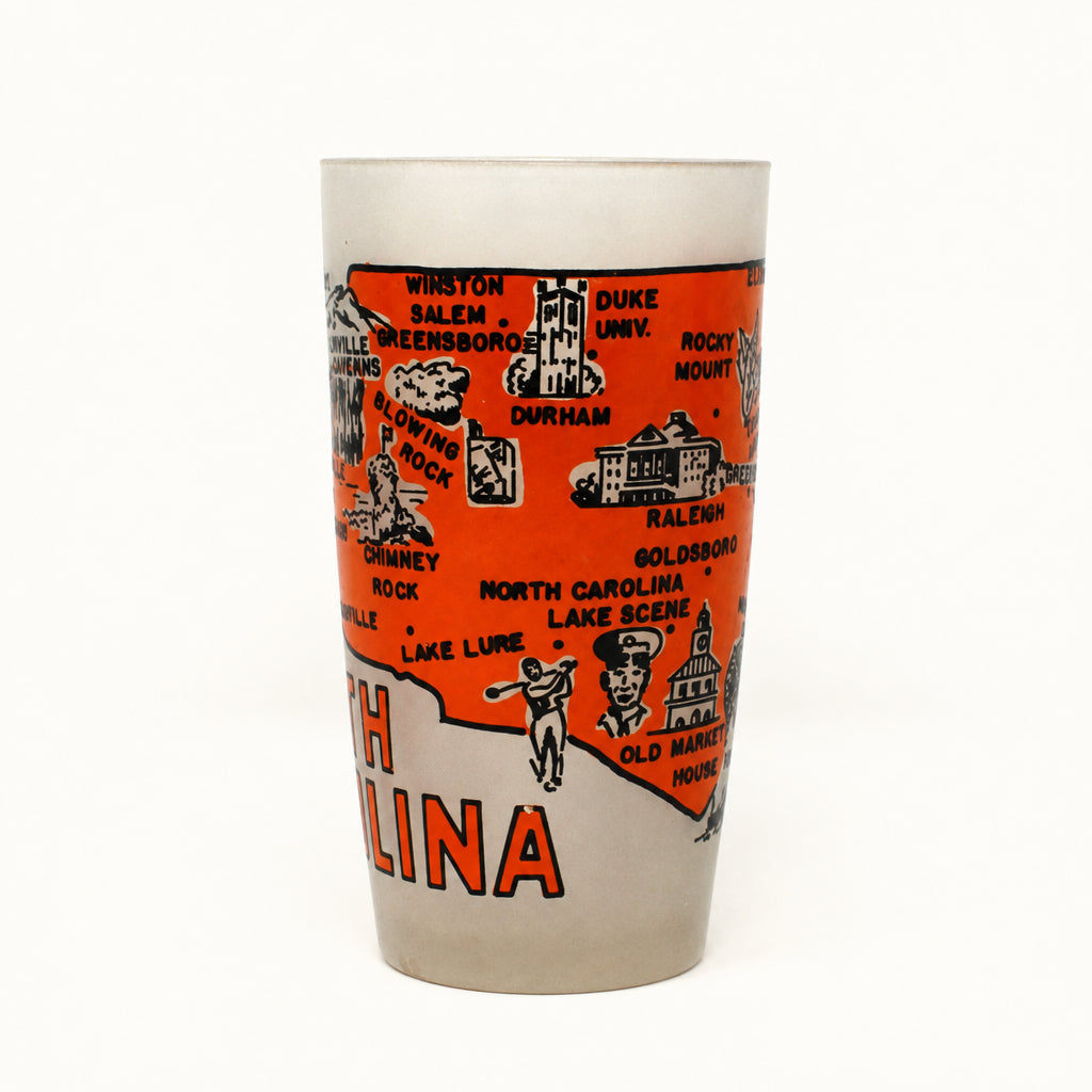 Tumbler: State Map Souvenir Glass, North Carolina, Frosted, Vintage 1960s