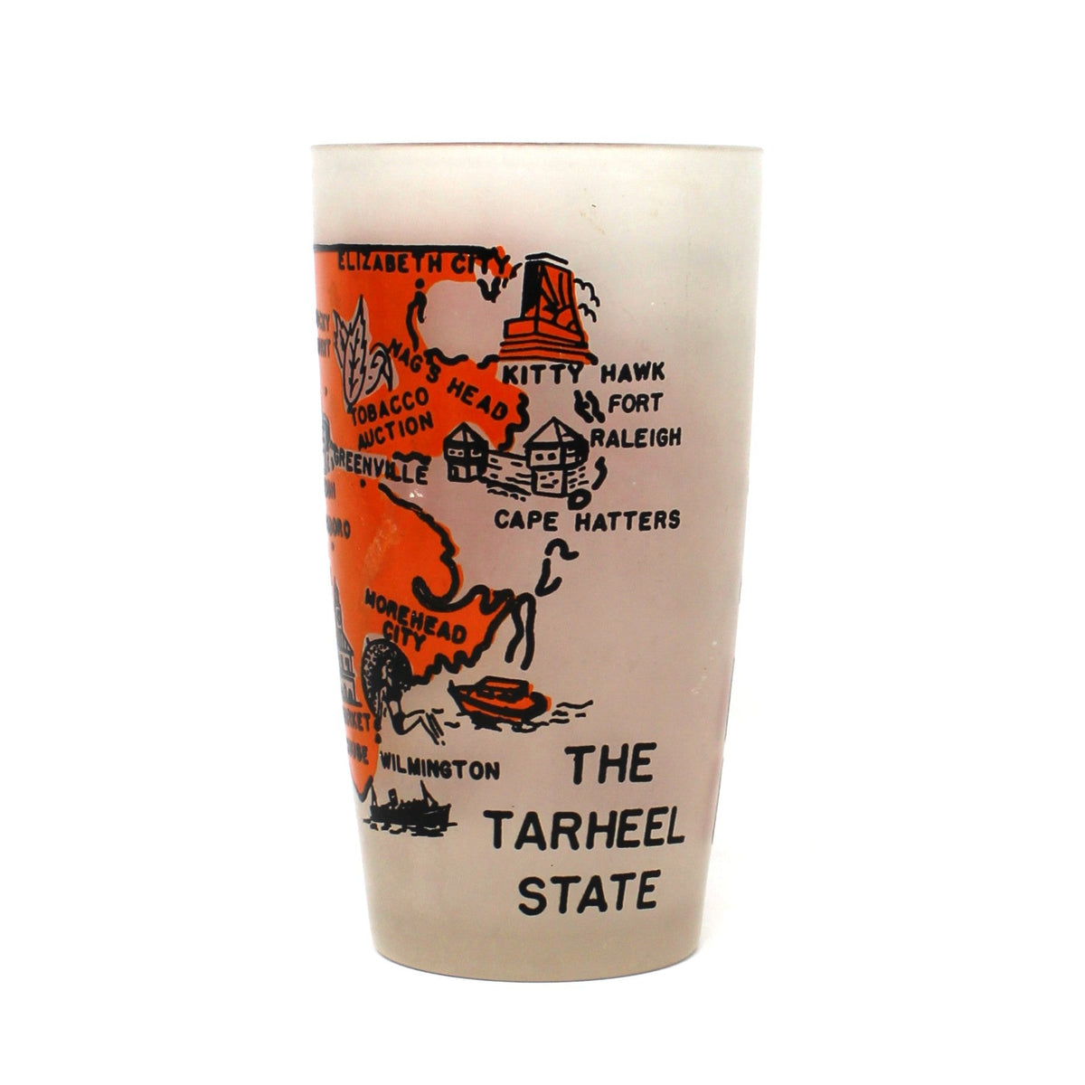 Tumbler: State Map Souvenir Glass, North Carolina, Frosted, Vintage 1960s
